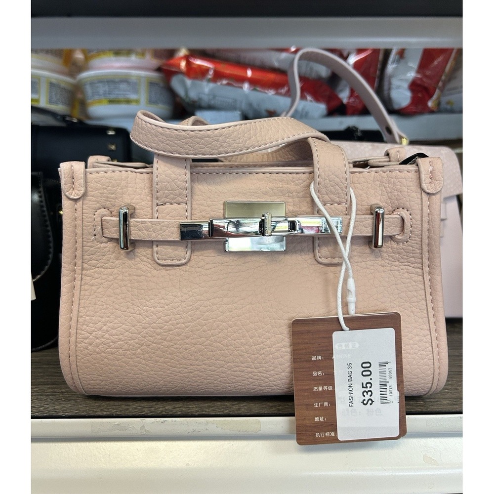 Beige Pebbled Small Rectangle Top Handle Satchel Silver Buckle, Detachable Strap